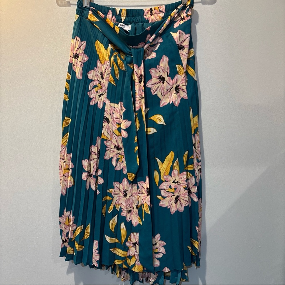 DR2 Womens Small Pleat Teal Green Pink Gold  Floral Long Skirt Tie In Front Fall